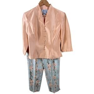 Adrianna Papell Pant Suit Women's Size 6 Peach Silk Floral Bead Asian Inspired